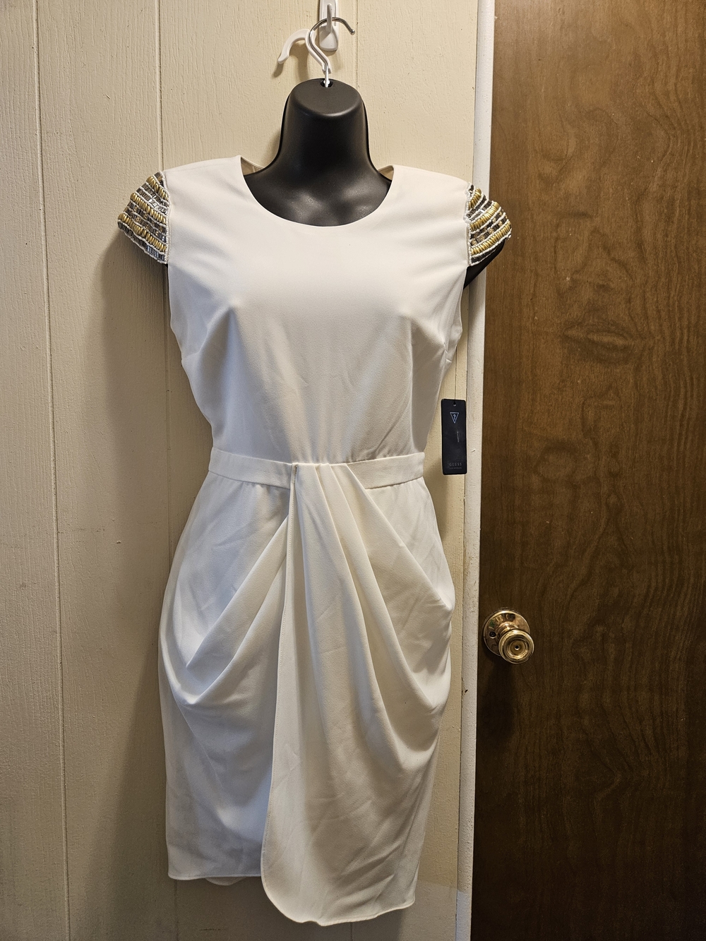 Guess White Midi Dress with Gold & Silver Beaded Cap Sleeves